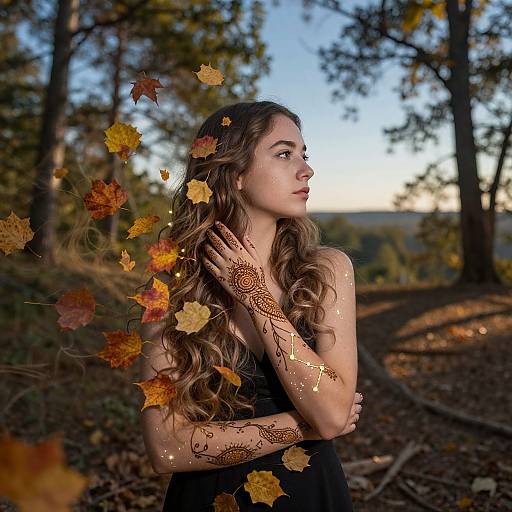 Photograph of a young woman with long wavy brown hair, wearing black dress, adorned with henna tattoos, surrounded by floating autumn leaves, in