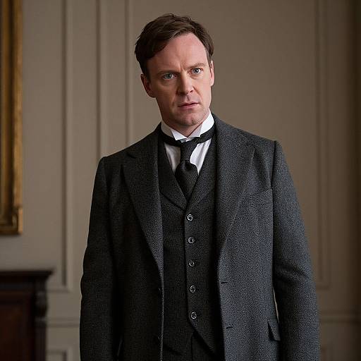 Photograph of a serious-looking white man with short brown hair, wearing a black three-piece suit, white shirt, and black tie, standing in a