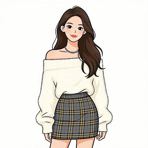 Chic Smiling Woman in Plaid Skirt