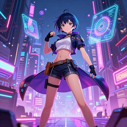 Digital anime-style illustration of a blue-haired, purple-eyed girl in a futuristic city, wearing a white crop top, black shorts, and a long purple