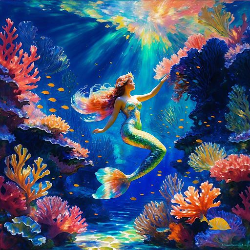 Serene Mermaid in Vibrant Coral Reef Serene Mermaid in Vibrant Coral Reef