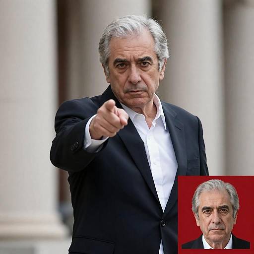 Elderly Man Pointing with Inset Portrait