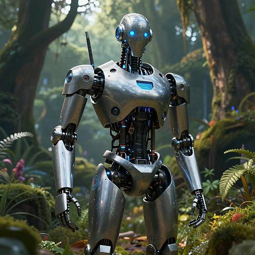 Photorealistic CGI of a silver humanoid robot with glowing blue eyes standing in a lush, sunlit forest, surrounded by ferns and moss-covered trees