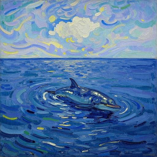 Vibrant oil painting of a dolphin swimming in deep blue ocean, ripples around it, sky with swirling clouds above.