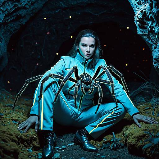 Woman with Cybernetic Tarantula in Bioluminescent Cave