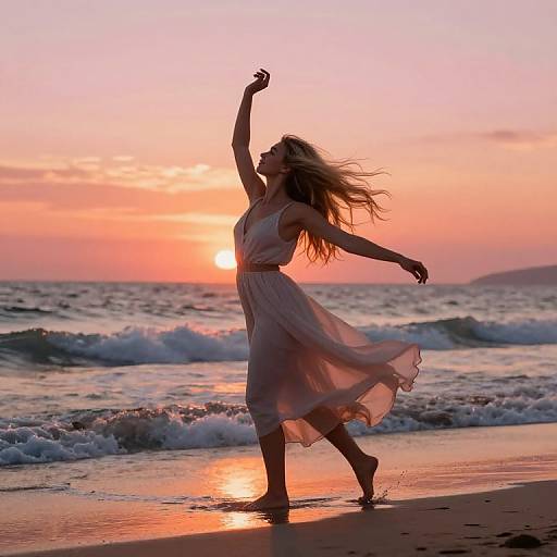 Photograph of a blonde woman in a flowing white dress dancing on a beach at sunset, with waves and a pink-orange sky.