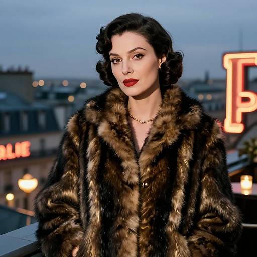 Photograph of a fair-skinned woman with dark, wavy hair, wearing a brown fur coat and red lipstick, against a twilight cityscape with