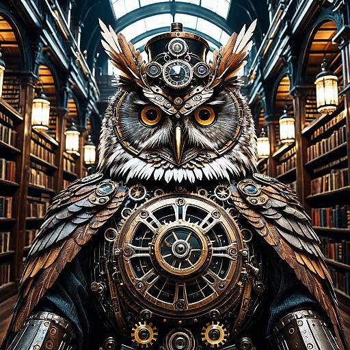 Steampunk Mechanical Owl in Library