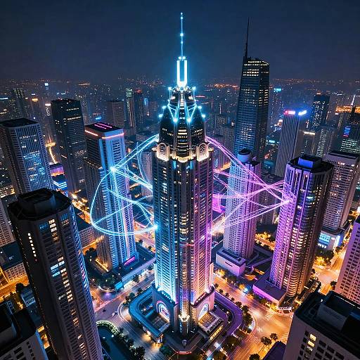 Aerial photograph of a neon-lit cityscape at night, showcasing colorful light trails from skyscrapers, illuminating the urban landscape with vibrant blue