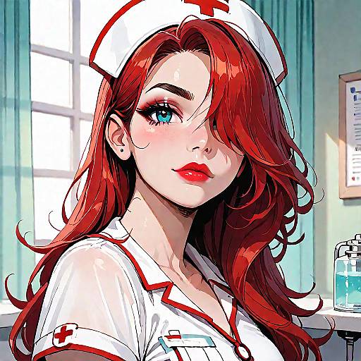 Digital illustration of a red-haired woman with blue eyes, wearing a white nurse's hat and uniform with red trim, standing in a sunlit room.