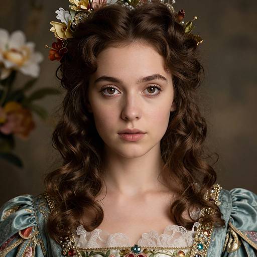 Photorealistic portrait of a young, fair-skinned woman with curly brown hair, wearing a floral crown and ornate, Victorian-style blue dress with