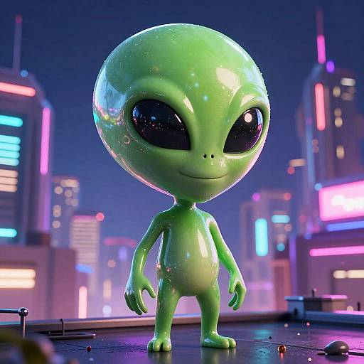 CGI alien with large black eyes and glossy green skin stands on a rooftop at night, neon-lit cityscape in background.