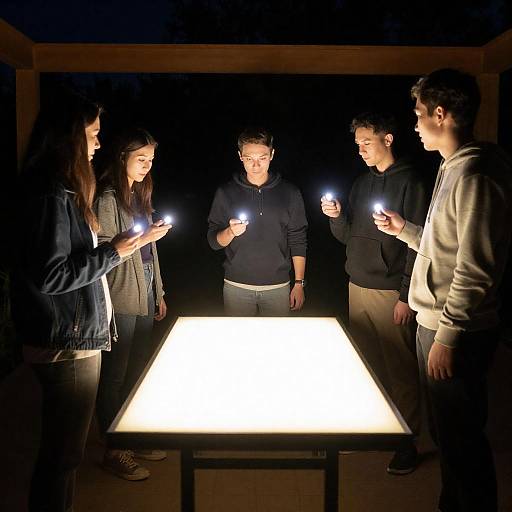 Five People with Lights Around Glowing Table at Night
