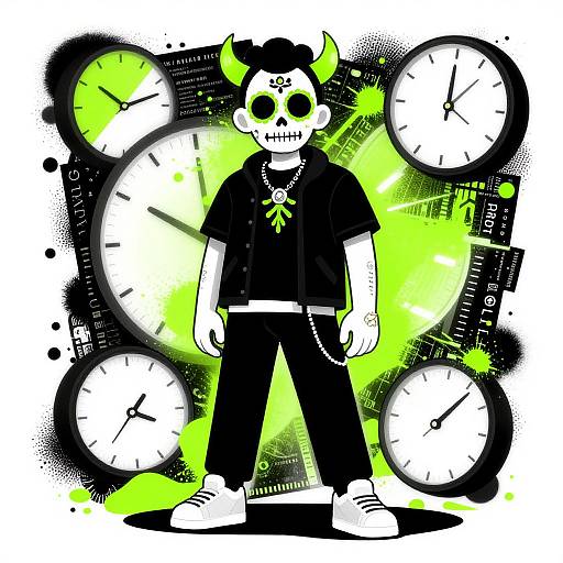 Digital drawing of a skeleton boy with neon green horns, black clothes, and a skull face, standing among four large clocks. Neon green and black abstract
