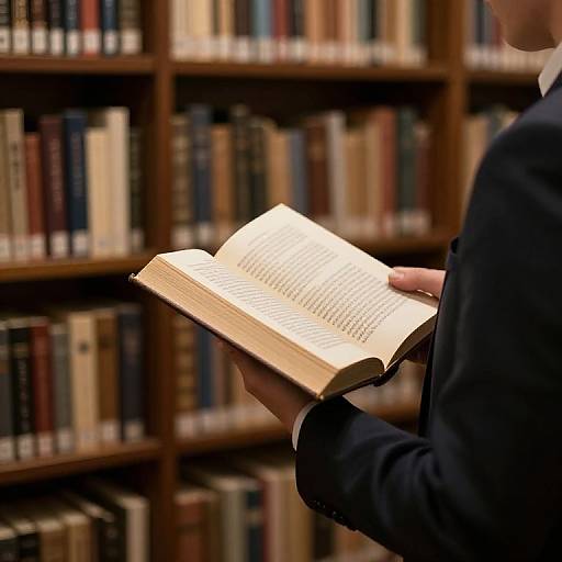 Photograph of a person in a dark suit holding an open book, standing in front of a wooden bookshelf filled with various colored books.
