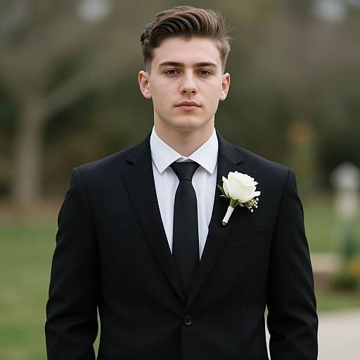 Photograph of a young Caucasian man with short brown hair, wearing a black suit, white shirt, black tie, and white boutonniere,