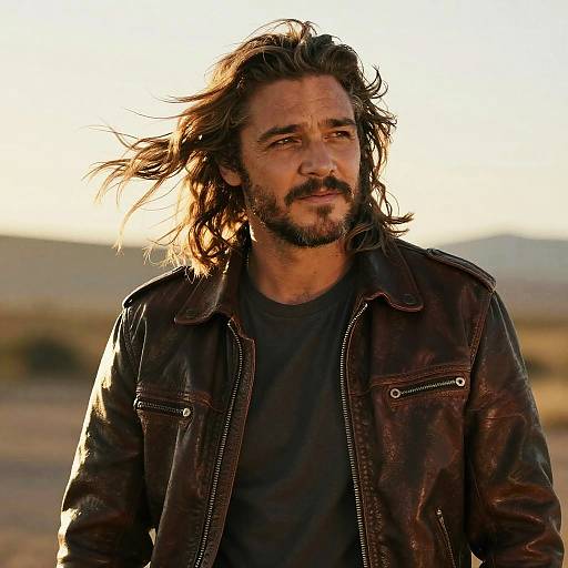 Photograph of a rugged, middle-aged man with long, wind-swept brown hair and beard, wearing a dark leather jacket over a black shirt