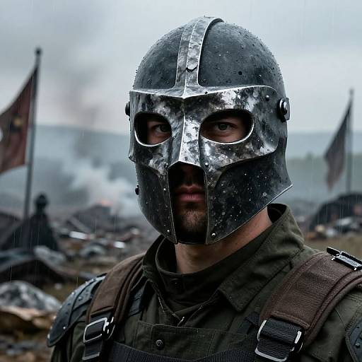 Photograph of a bearded man wearing a weathered, silver medieval-style helmet with a nose guard, green military-style clothing, and brown straps,