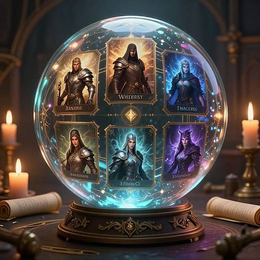 Digital artwork of a glowing crystal orb featuring five armored, fantasy warrior portraits labeled Anviko, Wilelsey, Doccious, Uburio,