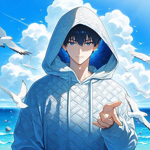 Anime Boy with Hooded Sweatshirt by Ocean