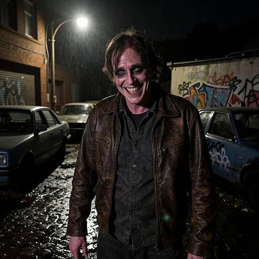 Photograph of a smiling, disheveled man with dark makeup, wearing a leather jacket, standing in a rainy, graffiti-covered urban street at night