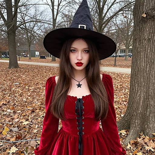 Photograph of a young woman in a red velvet witch dress and black hat, standing in a leaf-covered park, with bare trees in the background.