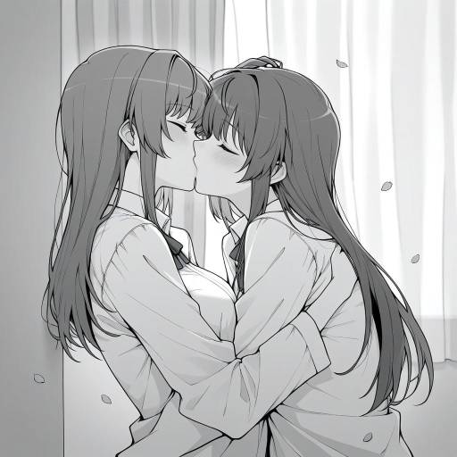 Monochrome Yuri Kiss with Blossoming Girls
