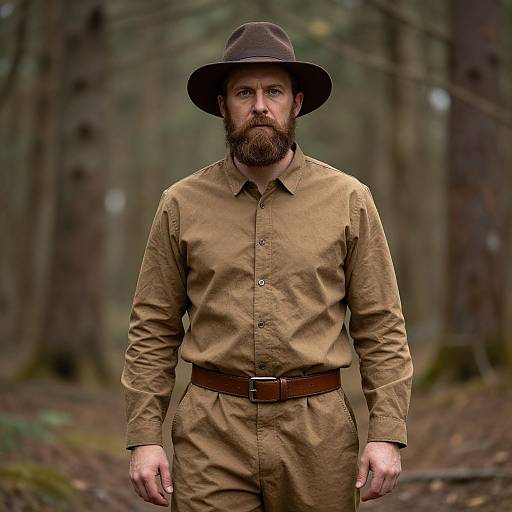 Photograph of a bearded man with a brown hat and tan long-sleeve shirt and pants, standing in a forest.