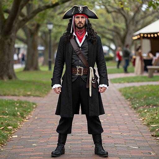 Photograph of a bearded man in a black pirate costume with tricorn hat, red bandana, long coat, and sword, standing on a
