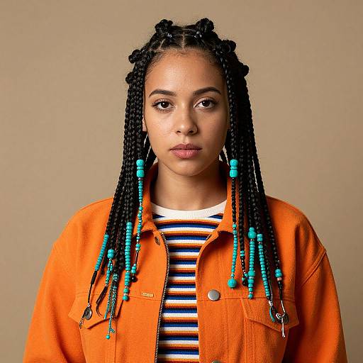 Photograph of a young Black woman with long braided hair, wearing an orange jacket over a striped shirt, against a beige background.