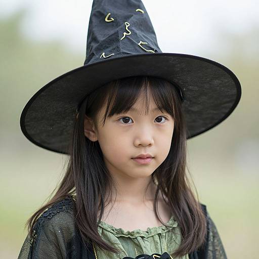 Photograph of an Asian girl with fair skin, long black hair, wearing a black witch hat with gold embroidery, and a green, ruffled dress