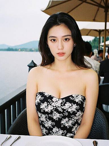 Photograph of an Asian woman with long black hair, wearing a strapless black and white floral dress, seated at an outdoor restaurant with a waterfront view