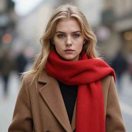 Photograph of a blonde woman with blue eyes, wearing a brown coat and bright red scarf, standing in a blurred urban street.