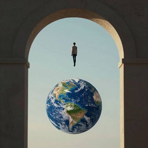 Photograph of a small, nude man standing on a floating Earth, viewed through a large, arched window against a clear blue sky.