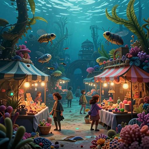 Vibrant underwater market scene: colorful stalls with glowing lights, exotic sea creatures, and diverse humanoid customers amidst lush, aquatic plants. Digital art style