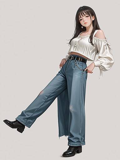 Digital anime-style illustration of a young woman with long black hair, wearing a white off-shoulder blouse and high-waisted blue jeans, black