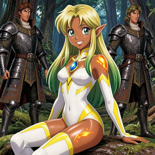 Anime-style digital artwork of a blonde elf woman in a white and yellow armor-like outfit with glowing marks, sitting in a forest, flanked by two