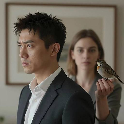 Man in suit and woman holding bird