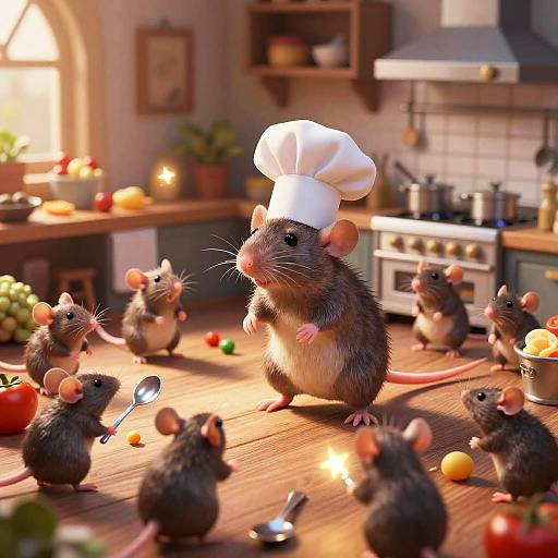 Photorealistic CGI image: Adorable brown mice in a cozy kitchen, one wearing a white chef hat, surrounded by colorful vegetables and utensils.
