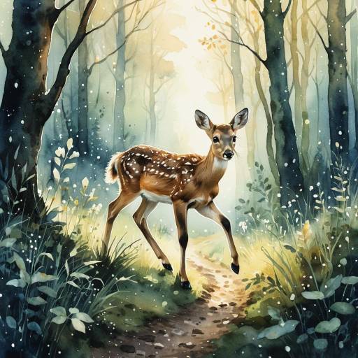 Watercolor Baby Deer in Enchanted Forest Watercolor Baby Deer in Enchanted Forest
