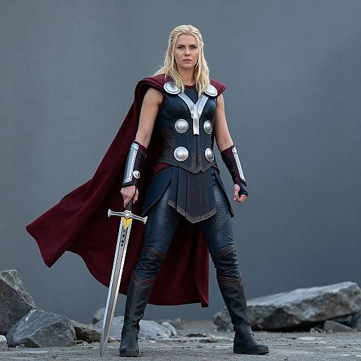 Photograph of a blonde woman with shoulder-length hair, standing confidently with a sword in hand. She wears black armor, silver accents, a red cape