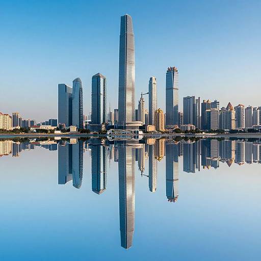 Photograph of a modern city skyline with tall, reflective skyscrapers mirrored in a calm, blue water body under a clear sky.
