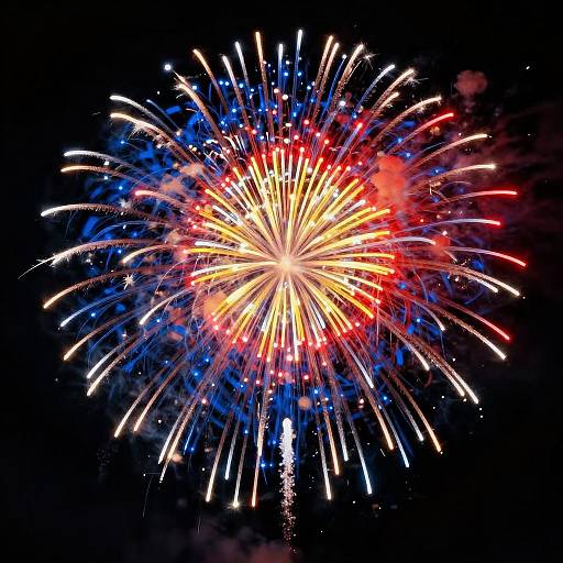 Vibrant photograph of a large, colorful fireworks explosion in the night sky, featuring yellow, red, and blue streaks radiating outward against a