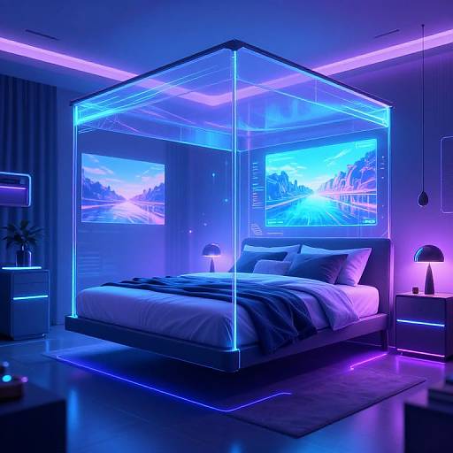 Neon-lit futuristic bedroom with glowing blue canopy bed, illuminated artwork, purple and blue ambient lighting, and modern furniture. Photorealistic CGI image
