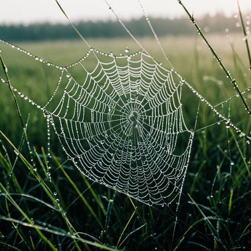 Dew-Covered Spiderweb in Meadow
