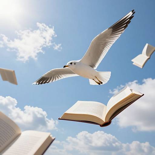 Photograph of a white seagull with black-tipped wings flying amidst several open books, set against a bright blue sky with fluffy white clouds.