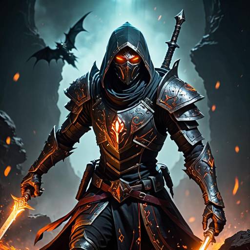 Dark Fantasy Warrior with Glowing Eyes and Flaming Swords