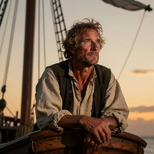 Photograph of a rugged, weathered, bearded man with disheveled hair, wearing a dirty, beige shirt and black vest, leaning on
