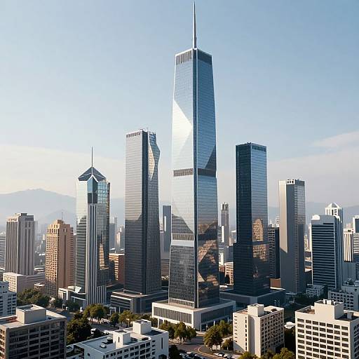 Photograph of a modern city skyline with tall, glass skyscrapers reflecting sunlight, against a clear blue sky. Foreground includes shorter buildings and trees