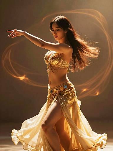 Belly Dancer in Gold Costume Mid-Motion